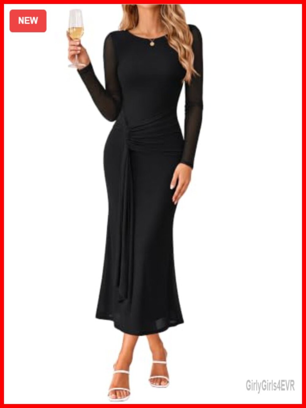 Long Sleeve Bodycon Maxi Dress Ruched Mesh Wedding Guest